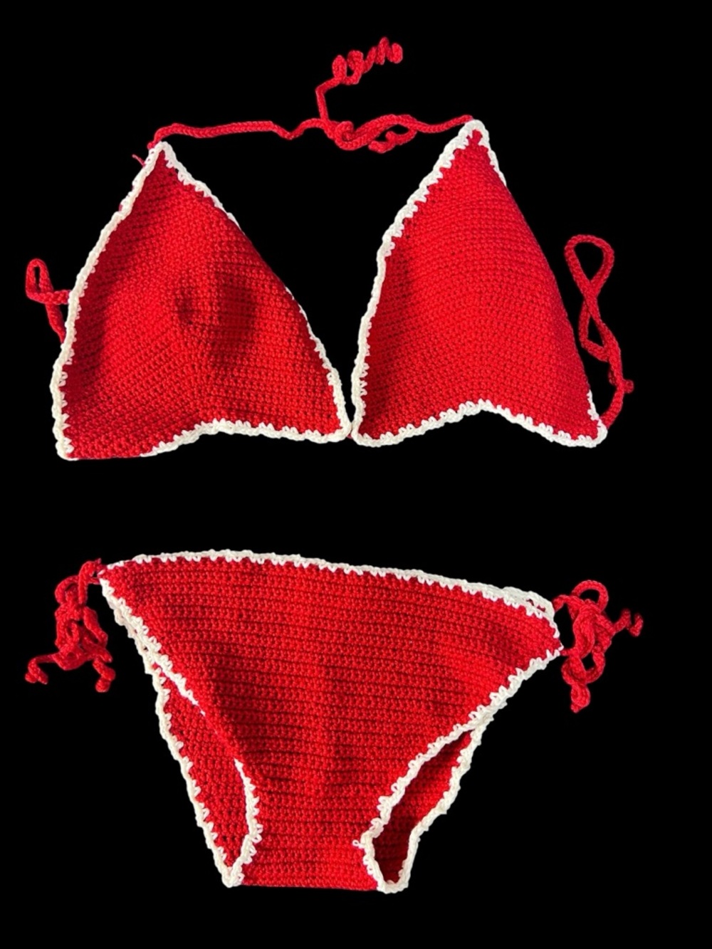 Handmade Crochet Bikini Set Large Red White Trim Tie String Boho Festival Rave